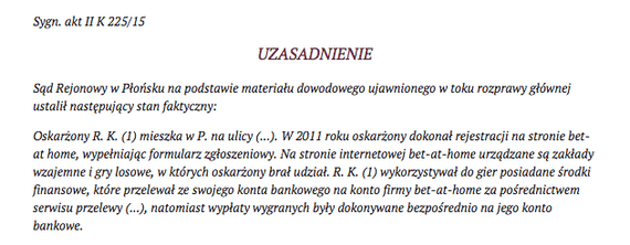 uzasadnienie sądu w sprawie obstawiania przez internet